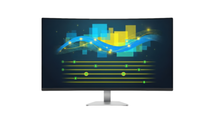 Isolated computer monitor on a stand displaying graphs and charts for business uses