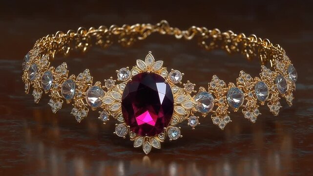 Macro shot of golden necklace with large ruby centerpiece, polished metal surface gleaming brightly under intense white lights.