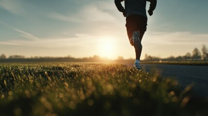 A male runner in athletic wear jogs towards a vibrant sunrise, capturing the essence of morning exercise and motivation.