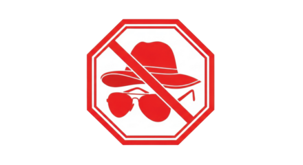 Isolated symbol graphic of hat and sunglasses inside red prohibition sign, concept illustration