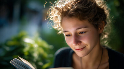 Young woman reading poetry in small city park, sunlight on her face, quiet emotion, real-life portrait, under soft natural light highlighting serenity and expression, serene park s