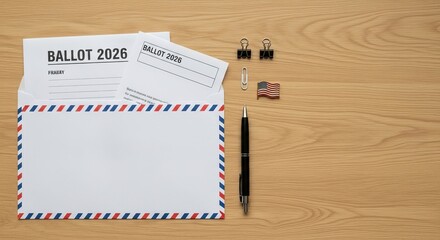 Ballot 2026 and election related items on a wooden surface, symbolizing the upcoming election year and voting process isolated on transparent background