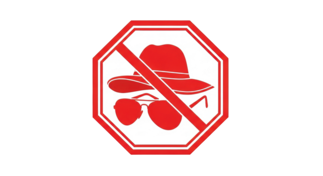 Isolated symbol graphic of hat and sunglasses inside red prohibition sign, concept illustration