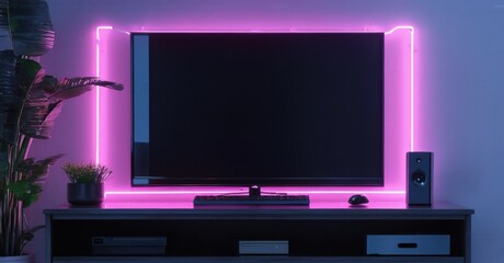 Fototapeta premium Modern entertainment setup. Television illuminated by vibrant pink lights. Console, keyboard, mouse present. Plant adds natural touch. Dark room ambiance.
