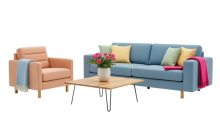 Isolated living room furniture arrangement with modern sofa, chair, and wooden coffee table