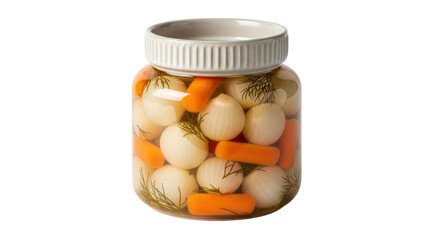 Isolated jar of pickled pearl onions and carrots, homemade snack, tangy gourmet appetizer