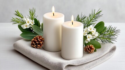 Serene Candles and Nature's Embrace: Two glowing candles stand atop a rustic linen cloth, adorned with delicate pinecones and botanical foliage, creating a peaceful and calming atmosphere.