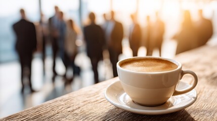 Hot coffee cup on a wooden table with blurred business people in a modern office setting during daylight