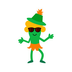 Vector art of a whimsical cartoon character resembling a green alien or creature, wearing sunglasses and a green hat with orange accents, dancing and isolated a