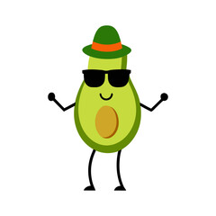 Vector art of a cool cartoon avocado character wearing sunglasses and a green hat, dancing and isolated a