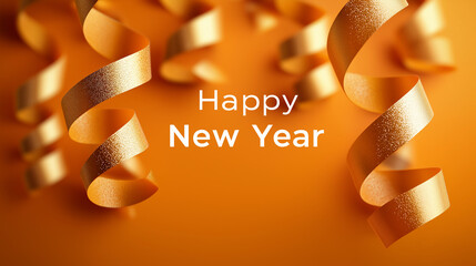Festliche Neujahrskarte mit goldenen B&auml;ndern auf orangem Hintergrund