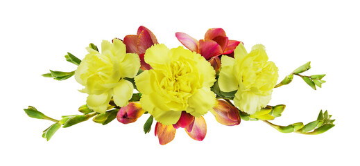Yellow carnations and red freesia flowers isolated on white or transparent background