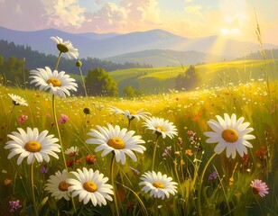 Scenic Meadow of Daisies at Sunset, with Rolling Hills and Sunlight Glare