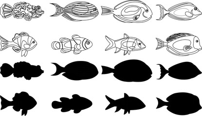 A collection of various fish species illustrated in both detailed line art and solid black silhouette forms.