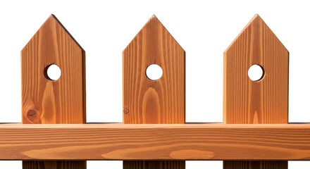 Isolated charming brown wooden fence with decorative heart-shaped cut-outs, in daylight