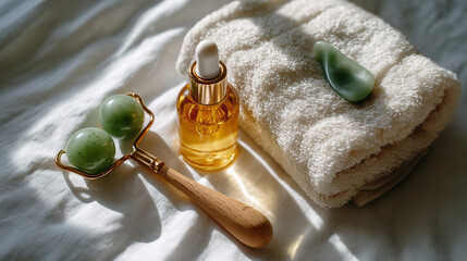Flat lay of natural skincare products: jade roller, gua sha, clay mask, towel, under soft natural light highlighting wellness and minimalism, serene product scene, calm white light