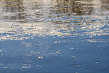 Reflections in calm water under a clear sky on a serene afternoon