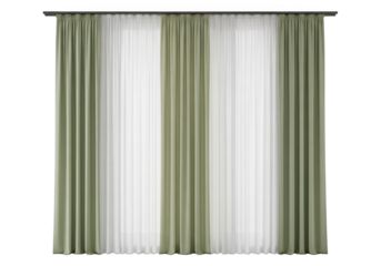 Elegant soft green and white sheer curtains drape beautifully for window decor isolated on transparent background