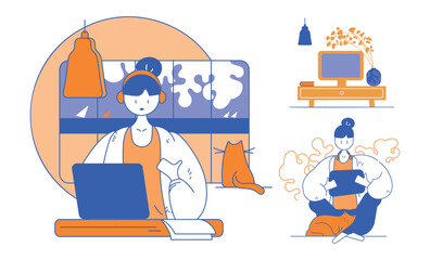 illustration d'une femme qui travaille à domicile, vecteur, couleurs modifiables, dessin de presse, rapport d'activité, agriculture, sérigraphie, risographie, infographie, style de vie, métier