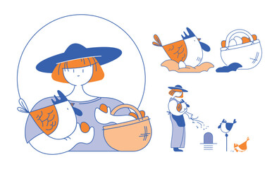 illustration d'une femme qui ramasse les oeufs, vecteur, couleurs modifiables, dessin de presse, rapport d'activité, agriculture, sérigraphie, risographie, infographie, style de vie, métier