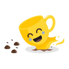 Broken yellow cup with smiley face and spilled black tea on the floor. Tea spilled on the floor. Splashes and tea leaves on the floor.