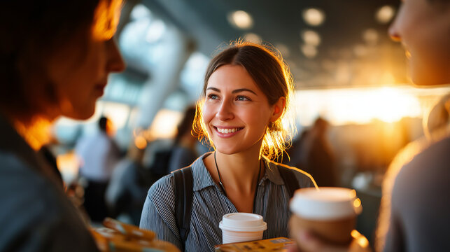 Professional stock photo of traveler exchanging souvenirs with friends at airport lounge, under soft natural light highlighting connection and travel, serene travel scene, calm lou