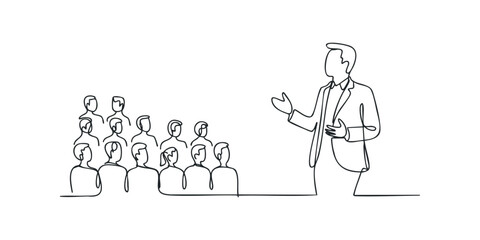Speaker addressing audience in minimalist line art style