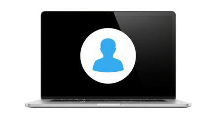 Isolated computer notebook mockup with blue profile avatar sign, modern laptop device