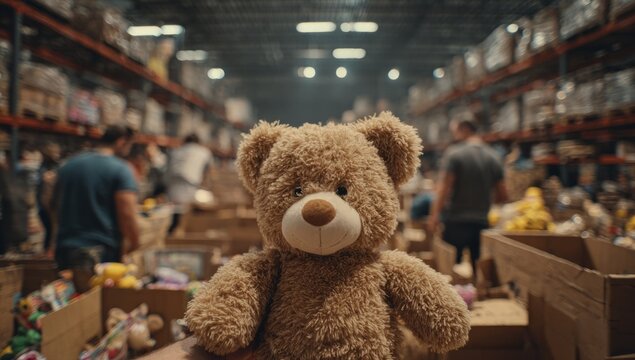 A single teddy bear donation is held up in a crowded warehouse during a large-scale charitable event with volunteers sorting goods in the background