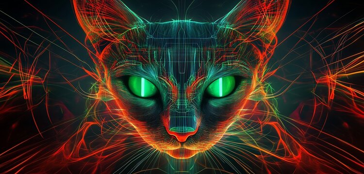 Glowing neon cat face digital art with colorful lines and streaks
