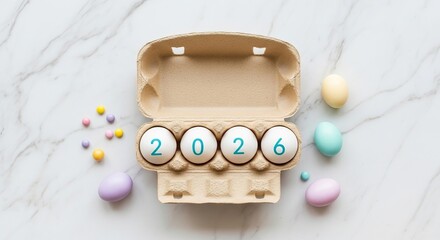 A charming easter egg carton with the year 2026 painted on the eggs, surrounded by pastel candies on a marble surface isolated on transparent background