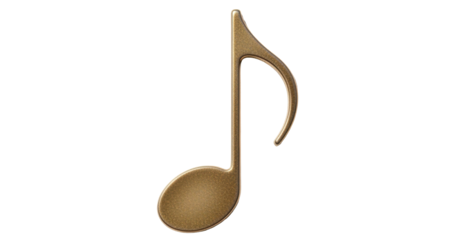 Isolated Eighth note musical symbol, golden hue with metallic shimmer and sheen, for sheet music