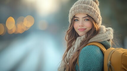 A woman with long hair and a knitted beanie waits on a train platform, backpack ready for an upcoming journey in the soft morning light