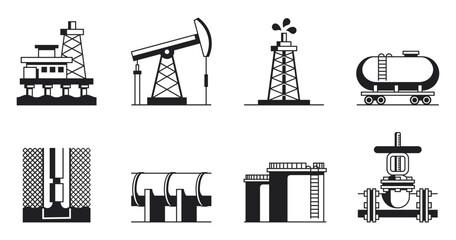 Oil and gas industry flat icons. Drilling, production, transportation, storage
