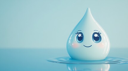This adorable cartoon water drop character features a cheerful face, set against a soft blue background. Ideal for designs related to water, emotions, or child-friendly themes.