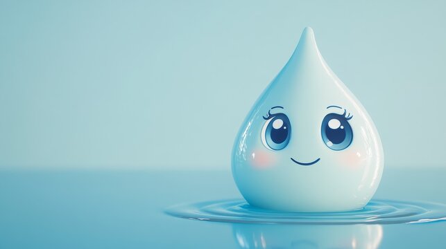 This adorable cartoon water drop character features a cheerful face, set against a soft blue background. Ideal for designs related to water, emotions, or child-friendly themes.