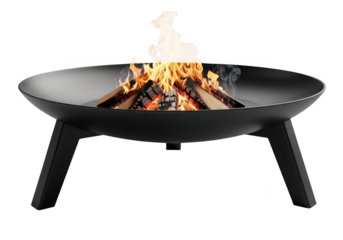 Burning fire pit with flames and wood outdoor hearth for cozy evenings isolated on transparent background