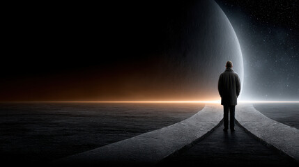 Person standing at a surreal crossroads illuminated by two distinct paths