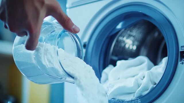 A person pours contents from a washing machine into a bucket, potentially cleaning or reusing the water