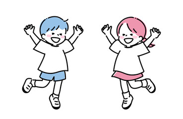 シンプル線画　ジャンプする男の子と女の子　
