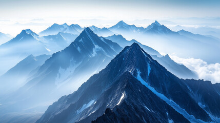 Deep Blue Alpine Majesty Layers of Snowy Peaks Emerging from the Ethereal Fog