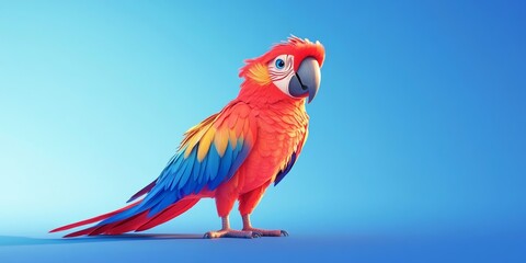 Fototapeta premium This vibrant cartoon parrot is illustrated with bright red, blue, and yellow feathers. Its playful expression adds a cheerful touch, perfect for educational or creative projects.
