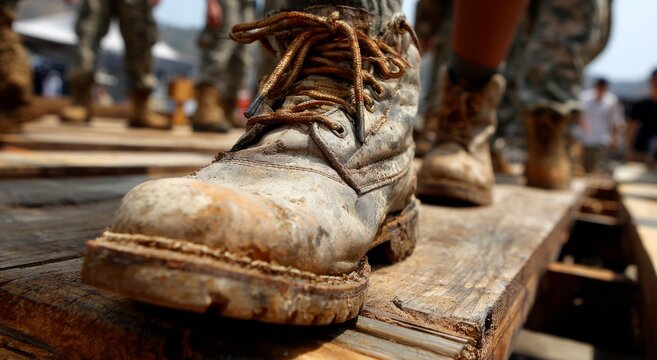 Close-up view of dirty, mud-caked military boots stepping on weathered wooden planks, highlighting a demanding training or operational environment