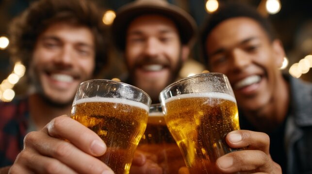 Happy friends enjoying drinks and laughter at a brewery bar during the evening