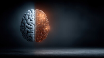 Bifurcation point in human fate represented by a brain made of light splitting into two hemispheres