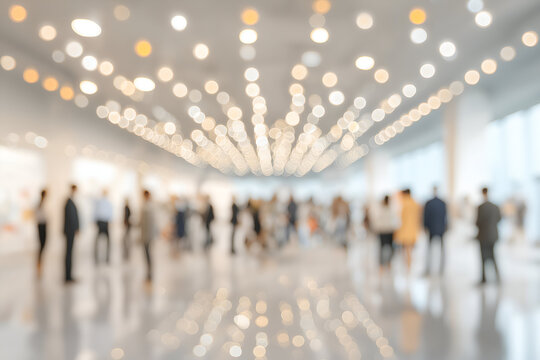 Blurred People Walking in Bright Hallway with Bokeh Lights, motion blur Business concept, motion bokeh background