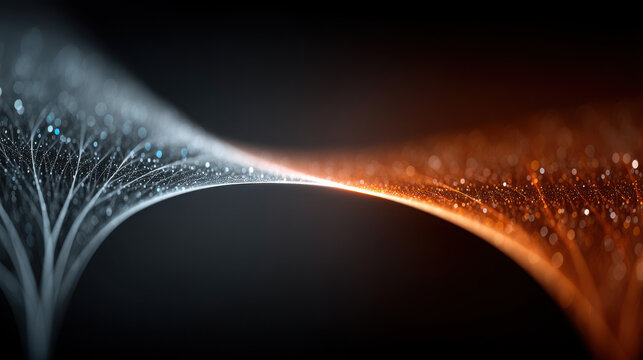 Bifurcation point of human fate with abstract neural network splitting into two glowing paths