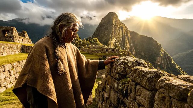 Elder woman touching stone ruin at machupicchu. Golden sunrise lights mountain terraces. Quiet culture portrait illustrates travel and heritage. Historic architecture meets human connection. Enduring.