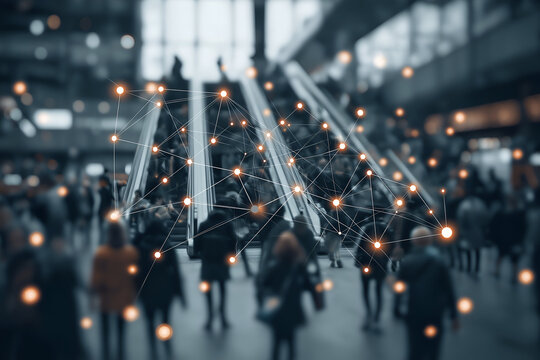 Abstract Network Over Crowd Walking Near Escalator in Urban Setting, motion blur Business concept, motion bokeh background