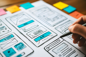 Hand Drawing App Layout Sketches with Pen on Paper, motion blur Business concept, motion bokeh background